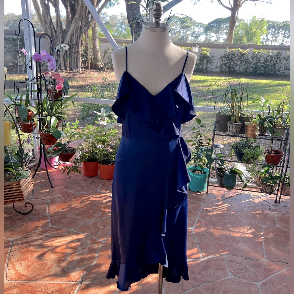 Maggy London for Nordstrom’s Size 2 Blue Satin Faux Wrap Ruffle Dress